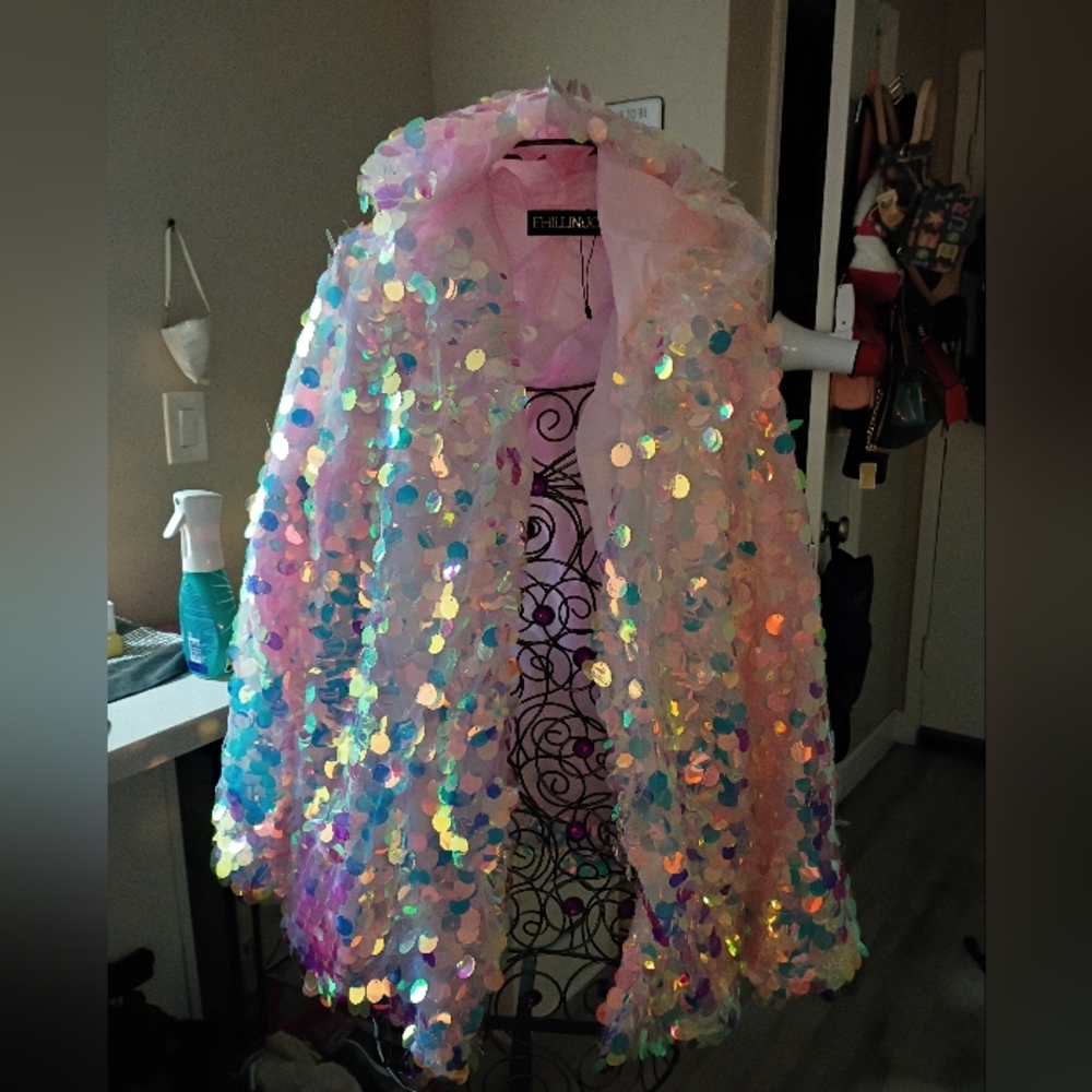 Sequined Hooded Jacket in Iridescent Pink by